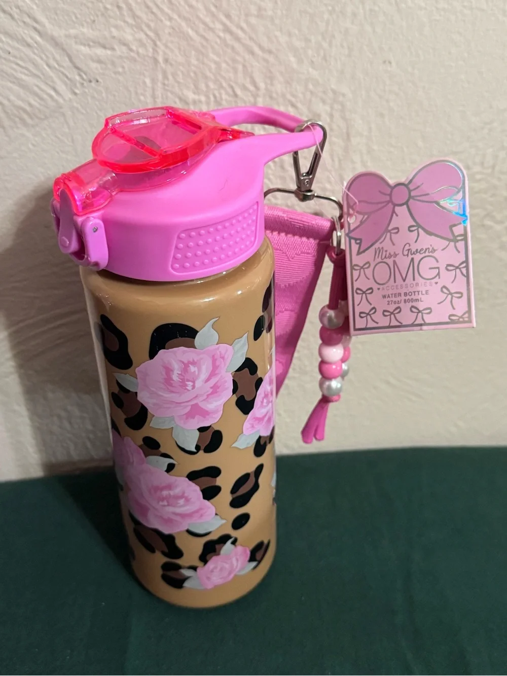Pink Floral Leopard Kids Water Bottle with Strap